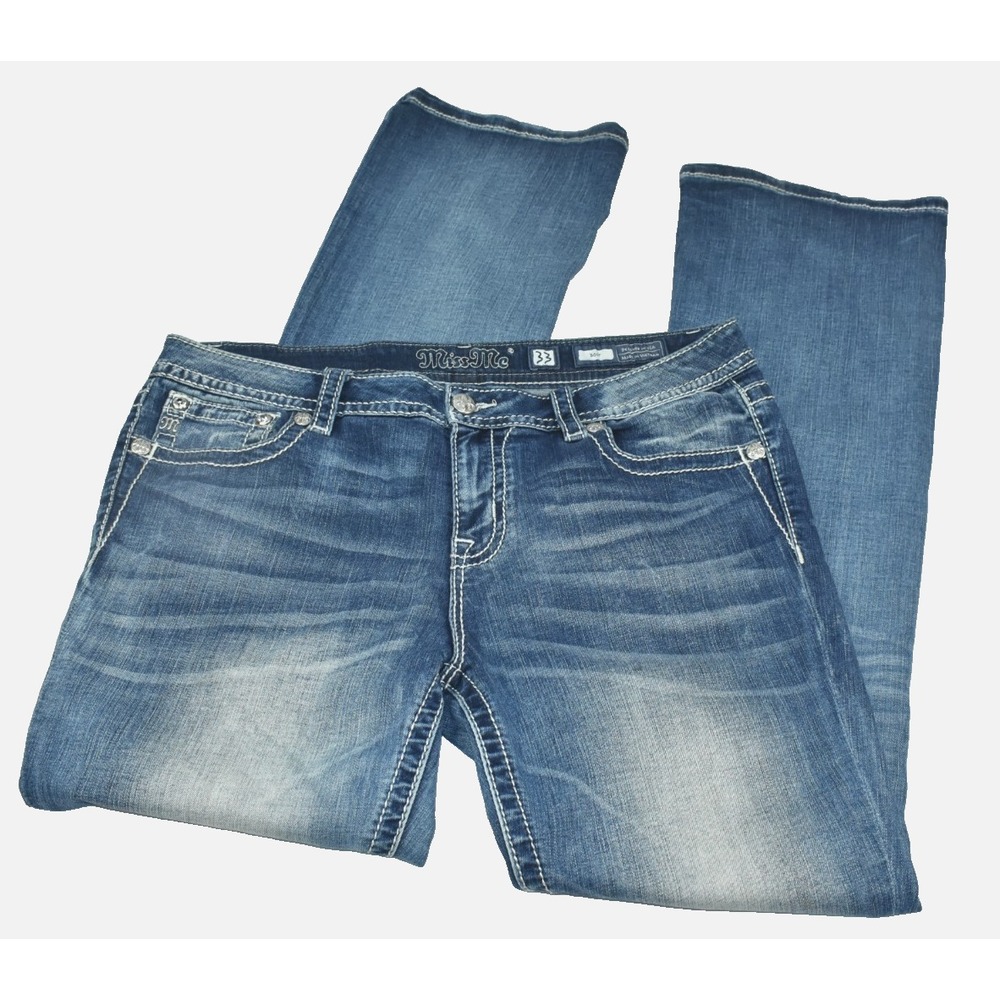 Miss Me Women Jeans 33 in x 34 Cross Pocket Crystal Jewel Boot Cut Style M3154B